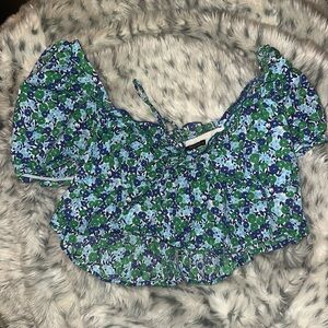 Zara Blue and Green Puff Sleeve Crop Blouse